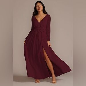 Long-sleeved Chiffon David’s Bridal Bridesmaid Dress with slit